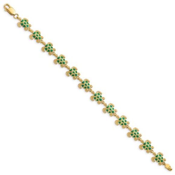 14k Yellow Gold Green Enamel Sea Turtle Charm Link Bracelet 7 Inches long ladies - Picture 3 of 4